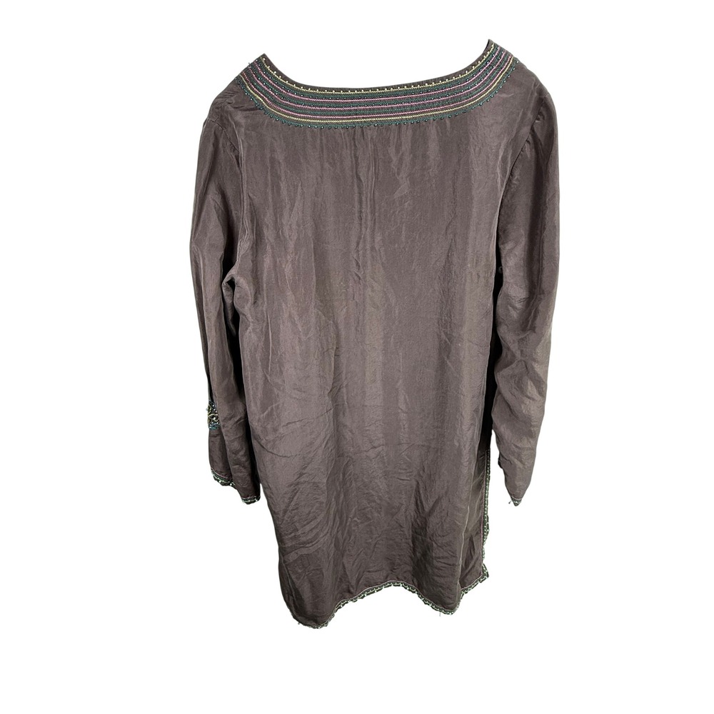 Coldwater Creek Brown 100% Silk Beaded Embroidered Tunic Top Womens Large Boho - Picture 4 of 10